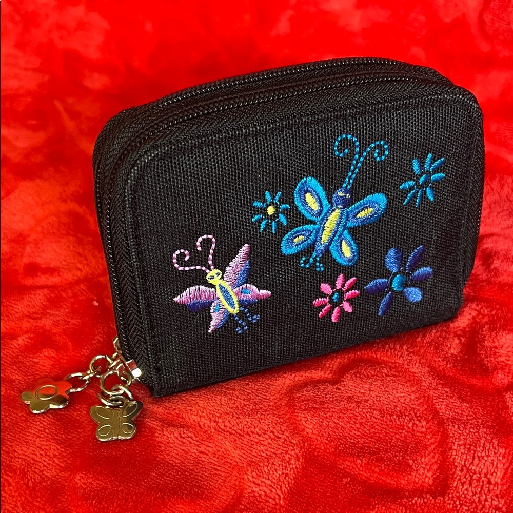 90s Black Embroidered Butterfly Zip Card & Key Pouch